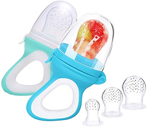 Chupete Fruta Bebe, 2 Chupetes Frutas para Bebés y Niños Pequeños + 6 Tetinas de Silicona en 3 Tamaños, sin BPA, Mordedor para Aliviar el Dolor (azul + verde)