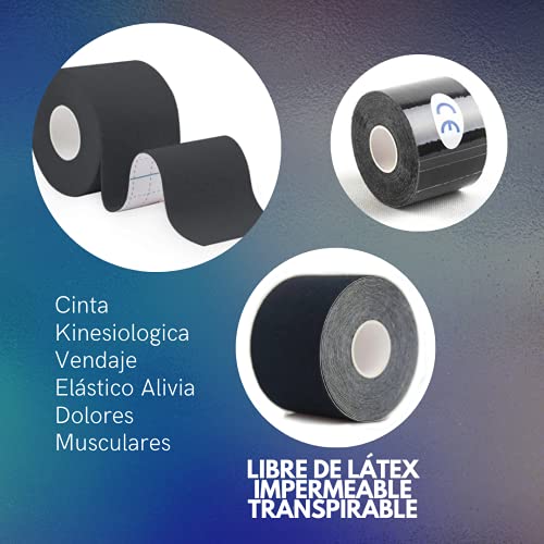 Cinta Kinesiologica - Kinesio Tape - Venda Neuromuscular Adhesiva - Alivio Dolor Muscular - Impermeable - Elástica - Vendaje Kinesiológico - Rollo 5x5 cm (Negro)