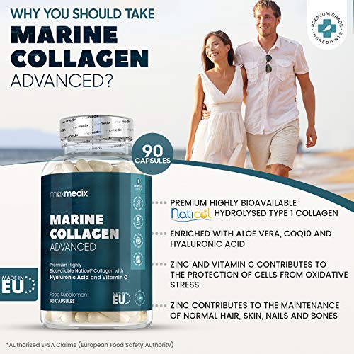 Colágeno Marino, Ácido Hialurónico, Coenzima Q10, Vitamina C y Zinc Dosis Alta 1200mg | Suplemento Para Cabello, Piel, Huesos, Músculos y Articulaciones, Suplemento Antiarrugas, 90 Cápsulas