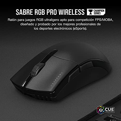 Corsair SABRE RGB PRO WIRELESS CHAMPION SERIES, Ratón Inalámbrico y Ultraligero para juegos FPS/MOBA (Tecnología SLIPSTREAM WIRELESS, Sensor óptico de 26.000 PPP CORSAIR MARKSMAN) Negro