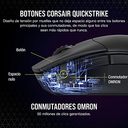 Corsair SABRE RGB PRO WIRELESS CHAMPION SERIES, Ratón Inalámbrico y Ultraligero para juegos FPS/MOBA (Tecnología SLIPSTREAM WIRELESS, Sensor óptico de 26.000 PPP CORSAIR MARKSMAN) Negro