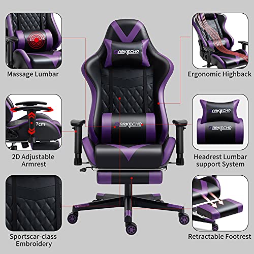 Darkecho Silla Gaming Chair Masaje con reposapiés, Ergonómica Silla Gamer 150kg Poltrona, Silla de Oficina 2D Ajustables reposabrazos Sillón Racing Esport, Cuero la PU Fibra de Carbono. Violeta