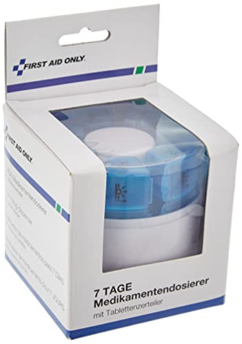 Dosificador de medicamentos para 7 DÍAS First Aid Only con divisor de pastillas y mortero, 7 cartuchos cada uno con 4 compartimentos etiquetados para 4 periodos del día, blanco/azul, plástico, P-10000