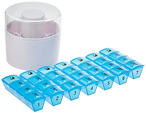 Dosificador de medicamentos para 7 DÍAS First Aid Only con divisor de pastillas y mortero, 7 cartuchos cada uno con 4 compartimentos etiquetados para 4 periodos del día, blanco/azul, plástico, P-10000