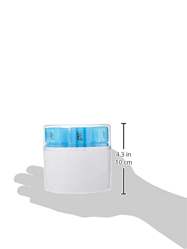 Dosificador de medicamentos para 7 DÍAS First Aid Only con divisor de pastillas y mortero, 7 cartuchos cada uno con 4 compartimentos etiquetados para 4 periodos del día, blanco/azul, plástico, P-10000