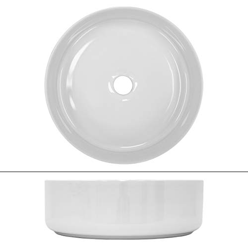 ECD Germany Lavabo de Baño Ø 355 x 120 mm Lavadero de Encimera Material Cerámico Blanco Redondo Fregadero de Aseo Cascada Estilo Moderno y Elegante Sanitario Sobremesa Lavamanos con Juego de Drenaje