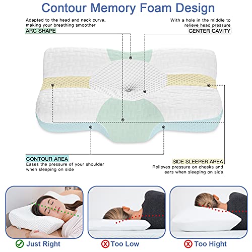 Elviros Almohada de Espuma con Memoria de Contorno Cervical para el Dolor de Cuello, Almohadas para Cuello, 58 x 12/10 x 38 cm, Blanco