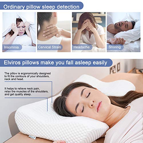 Elviros Almohada de Espuma con Memoria de Contorno Cervical para el Dolor de Cuello, Almohadas para Cuello, 58 x 12/10 x 38 cm, Blanco