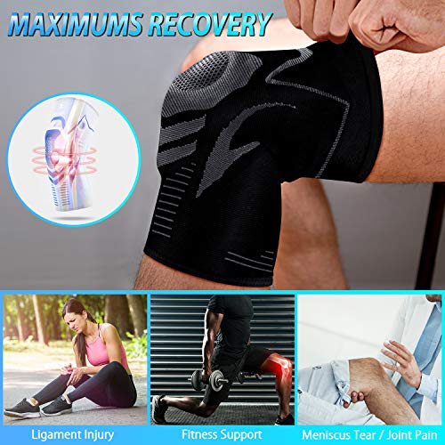 ENONEO Rodillera Ligamentos 2 Piezas Transpirable y Antideslizante Vendaje de Rodilla Hombre y Mujer Rodilleras Deportiva Compresion para Voleibol, Correr, Crossfit, Bicicleta(Gris L)