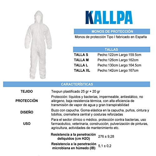 [ENVÍOS EN 24H] ATUENDO KALLPA, BUZO MONO TRABAJO CAPUCHA, USO INDUSTRIAL DOMESTICO EMPRESA, TRAJE PROTECCION QUIMICOS, LIQUIDOS, LAVABLES, BLANCO, BRICOLAJE, OFICIOS VARIOS. (M)