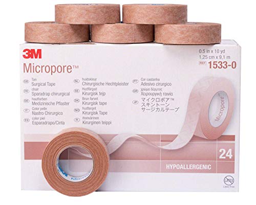 Esparadrapo quirúrgico de microporos de 3 m, hipoalergénico, color marrón, 1,25 cm x 9,1 m, pack de 6