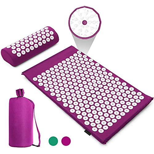 Esterilla Acupresion Kit de Masaje con Almohada, Estera de Yoga, Bolsa para Acupuntura Alivia el Dolor de Espalda y Cuello, Relaja los Músculos y Reduce el Insomnio (Fucsia)
