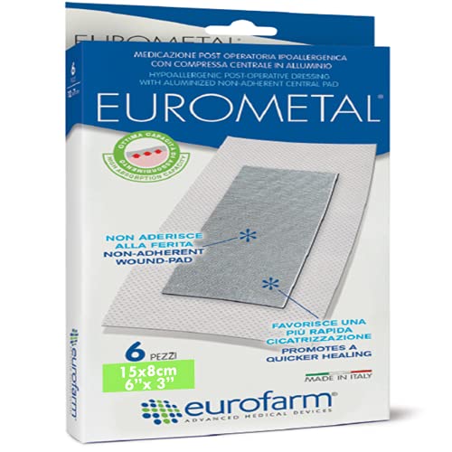Eurometal(cm 15 x 8) Apósito Postoperatorio Adhesivo con Compresa Central Auminizada y Absorbente, no Adherente. La Compresa Central Facilita Una Rápida Cicatrización, 6 Unidades