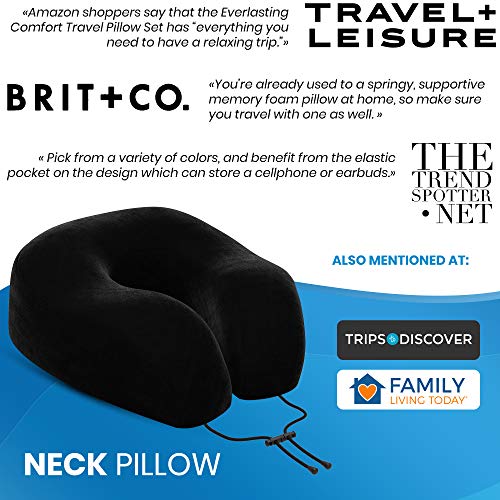 Everlasting Comfort Almohada de viaje de espuma viscoelástica - Almohada de cuello cervical - Accesorios de avión y descanso para el cuello (Negro)