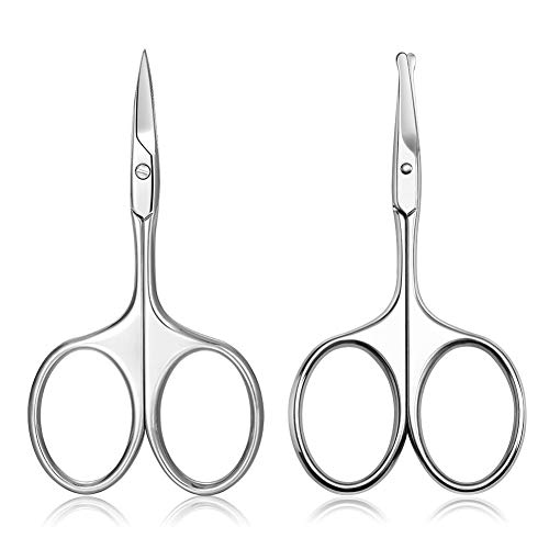 FERYES Tijeras de cejas pequeñas y tijeras para el pelo de la nariz, 2 tijeras para el pelo facial de alta calidad, tijeras afiladas para el cuidado de la cutícula de uñas para mujeres y hombres