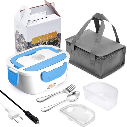 Fiambrera Eléctrica Calentador 220V 24V 12V 3 en 1 Portatil Fiambrera 40W Termo Comida Caliente Extraíble con Bolsa Térmica Acero Inoxidable Cubiertos para Camión Automóvil Oficina (Azul)