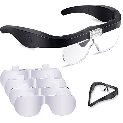 Gafas de lupa con luz, de 1,5 a 5 aumentos, lentes extraíbles, con soporte para la cabeza, con 2 luces led, para aficiones, electricistas, joyeros, costura, manualidades y personas mayores