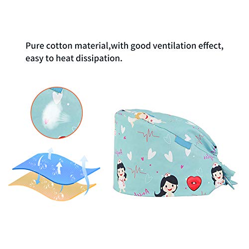 GEMVIE Reutilizable Gorro Enfermera con Botones Pelo Largo Robin Hat para Mujers y Hombres,Dibujos Animados, Flor,Peces, Corbata Ajustable