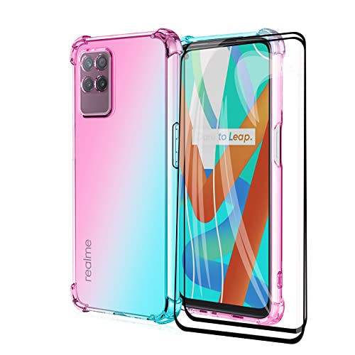 GOKEN Funda para Realme 8i (Realme 8 i) y 2 Piezas Cristal Templado, TPU Silicona Gradiente Transparente Protección Carcasa, Bumper Caso Case Cover con Shock- Absorción, Rosa/Verde