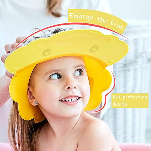 Gorro de ducha para niños, champú para lavado de pelo, protector para ojos, visera ajustable para baño de bebé, gorro protector de agua de silicona para niños pequeños lindo pato amarillo（azul）