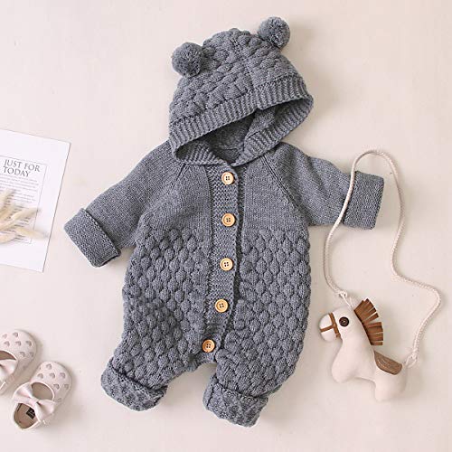 Haokaini Mono de Mameluco de Punto con Capucha de Oreja de bebé recién Nacido Mono para niños niñas (6-12 Mes, Gris)