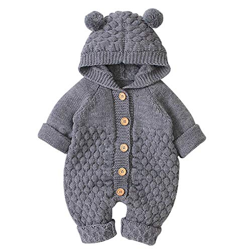 Haokaini Mono de Mameluco de Punto con Capucha de Oreja de bebé recién Nacido Mono para niños niñas (6-12 Mes, Gris)