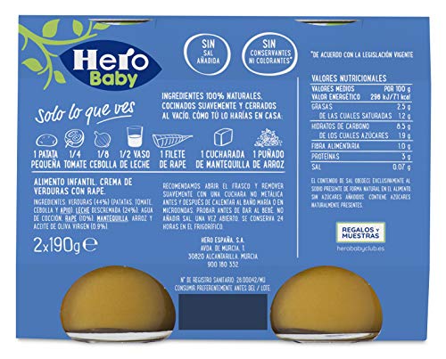 Hero Baby Buenas Noches Crema de Verduras con Rape Tarrito de Puré para Bebés a partir de 8 meses, 2 x 190 g