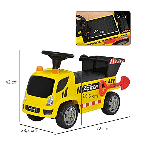 HOMCOM Coche Correpasillos para Bebés de +18 Meses Tipo Camión con Música Faros Caja Abatible y Pala Vehículo sin Pedales de Juguete 72x28,2x42 cm Amarillo