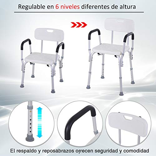 HOMCOM Silla para Ducha Regulable en Altura con Reposabrazos y Respaldo 51.5x43.5x71-84 cm Blanca