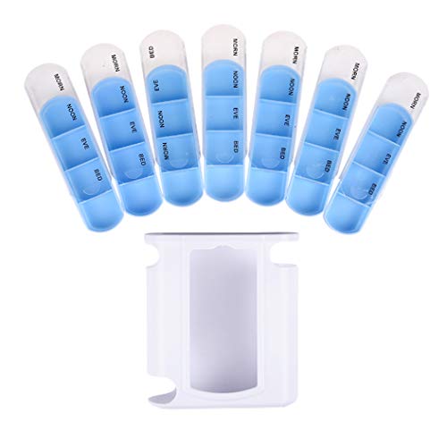 Hoshen cajón azul transparente tipo pastillero de 1 semana, 4 recordatorios al día, pastillero con 28 compartimentos, apto para llevar medicamentos, vitaminas y suplementos de aceite de pescado