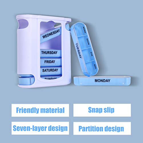 Hoshen cajón azul transparente tipo pastillero de 1 semana, 4 recordatorios al día, pastillero con 28 compartimentos, apto para llevar medicamentos, vitaminas y suplementos de aceite de pescado