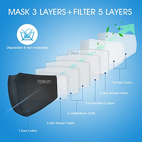 IDOIT Mascarillas reutilizables Mascarillas de algodón puro 3 capas de 5 pcs, lavable y reutilizable gran capacidad con válvula de respiración independiente （incluidos 10 filtros）