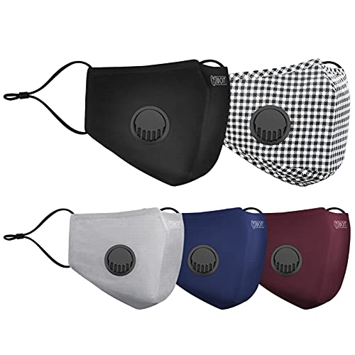 IDOIT Mascarillas reutilizables Mascarillas de algodón puro 3 capas de 5 pcs, lavable y reutilizable gran capacidad con válvula de respiración independiente （incluidos 10 filtros）