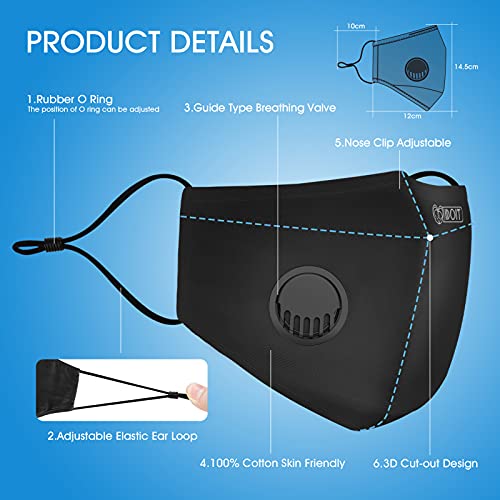 IDOIT Mascarillas reutilizables Mascarillas de algodón puro 3 capas de 5 pcs, lavable y reutilizable gran capacidad con válvula de respiración independiente （incluidos 10 filtros）