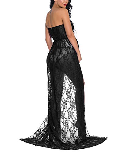 JENJON Mujer Embarazada Encaje Vestido de Fiesta Largos con Aberturas,Premamá Faldas Fotografía,Foto Shoot Dress de Maternidad Negro XL