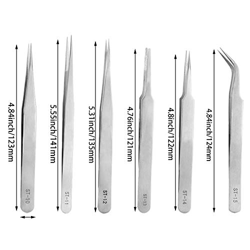 Juego de Pinzas Curvas no Magnéticas Kit de Pinzas Antiestática Set Anti-Estática Acero Inoxidable Pinzas Pinzas Antiestáticas de Acero Inoxidable para Electrónica,Trabajo de Laboratorio(6 Piezas)