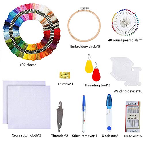 Kit de Inicio de Bordado,180 piezas Kit de bordado,2 Piezas Tela Aida,5 Piezas Bastidor para Bordar,100 Hilos de Color,Agujas y Accesorios Completos Herramienta de Coser