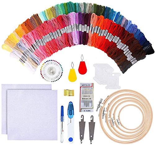 Kit de Inicio de Bordado,180 piezas Kit de bordado,2 Piezas Tela Aida,5 Piezas Bastidor para Bordar,100 Hilos de Color,Agujas y Accesorios Completos Herramienta de Coser