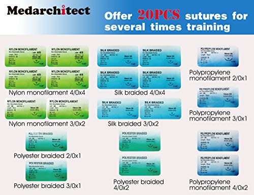 Kit de práctica de sutura (30 piezas) para entrenamiento de sutura de estudiantes de medicina, incluye almohadilla de sutura de actualización con 14 heridas precortadas, herramientas de sutura