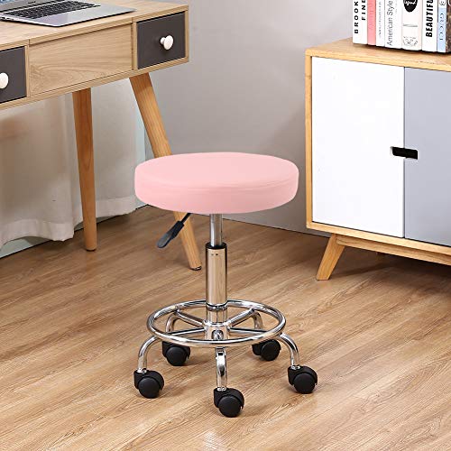 KKTONER Taburete Redondo de Cuero PU reposapiés Ajuste de Altura Giratorio Medical SPA salón taburetes de Masaje Silla de Trabajo Color Rosa