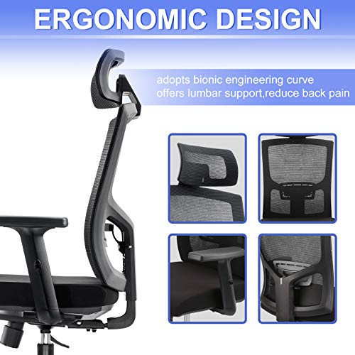 KOMENE Silla Ergonómica Oficina y Silla Ajustable de Malla con Respaldo Alto, Silla Escritorio para Computadora con Reposacabezas y Soporte Lumbar para el Hogar y la Oficina (Negro)