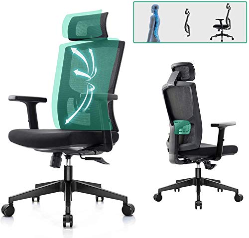KOMENE Silla Ergonómica Oficina y Silla Ajustable de Malla con Respaldo Alto, Silla Escritorio para Computadora con Reposacabezas y Soporte Lumbar para el Hogar y la Oficina (Negro)