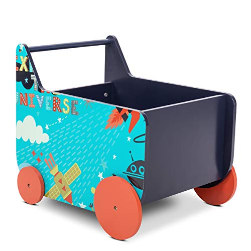 Lalaloom SPACE WAGON - Andador para bebe de madera natural con ruedas (carrito multifuncional infantil con espacio, almacenaje para juguetes), 50x37.6x45 cm, color Azul
