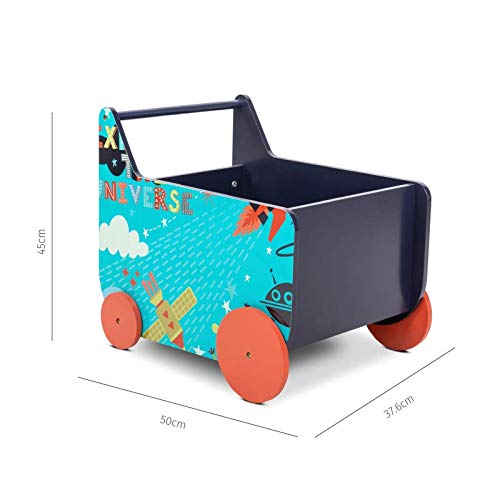 Lalaloom SPACE WAGON - Andador para bebe de madera natural con ruedas (carrito multifuncional infantil con espacio, almacenaje para juguetes), 50x37.6x45 cm, color Azul