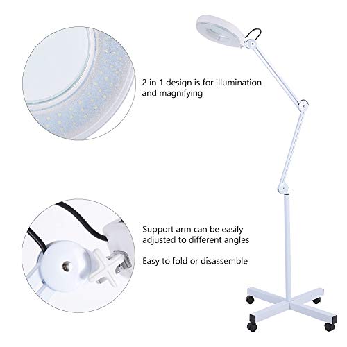 Lámpara de Lupa LED con Pie, Lámpara de Aumento 5X Lámpara Lupa Estetica Lámpara de Belleza con Rueda y Soporte Lámpara de Manicura Lupa, para Tatuajes de Pestañas de Cosmetología Médica