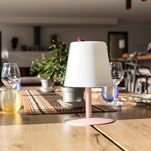 Lámpara de mesa sin cable con base de acero rosa y LED blanco cálido regulable STANDY MINI Candy H25cm