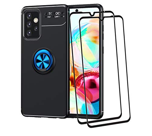 LEYAN Funda para Samsung Galaxy A72 | A72 5G y 2 Piezas Cristal Templado, TPU Silicona Protección Carcasa, Bumper Caso Case Cover con Shock- Absorción y 360° Anillo Kickstand, Azul+Negro