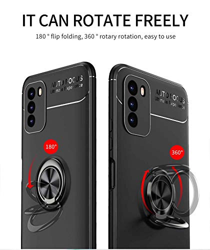 LEYAN Funda para Xiaomi Redmi 9T y 2 Piezas Cristal Templado, TPU Silicona Protección Carcasa, Bumper Caso Case Cover con Shock- Absorción y 360° Anillo Kickstand, Negro+Negro
