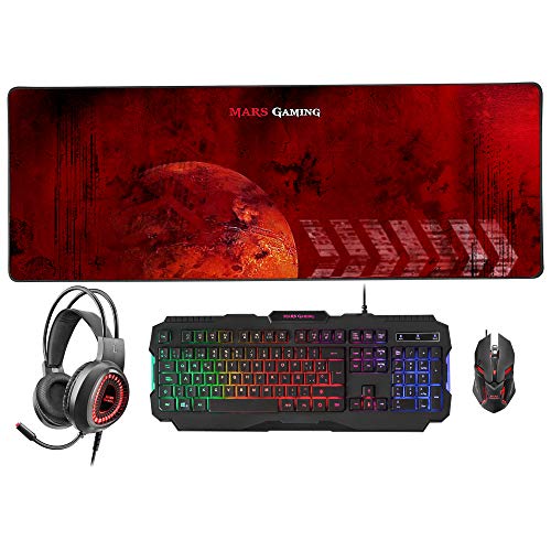 MARSGAMING MCPRGB2ES, Combo Gaming Teclado y Ratón +Alfombrilla XXL+ Cascos, ES, negro
