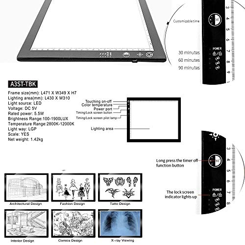 Mesa de Luz Dibujo LED A3,Tablero de Pintura de Diamante Ultrafino,Mesa de Luz Para Calcar con Ajuste de Tiempo y Pantalla de Bloqueo,Brillo Ajustablecon,Cable USB,Para Dibujo,Diseño（Caja de regalo）